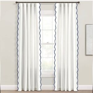 Lush White With Blue Scallop Curtains - 2 Panels 52"W x 84"L